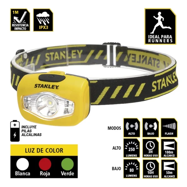 STANLEY linterna DE CABEZA 250 lm angular resist/agua anti-impacto MODO FLASH tricolor