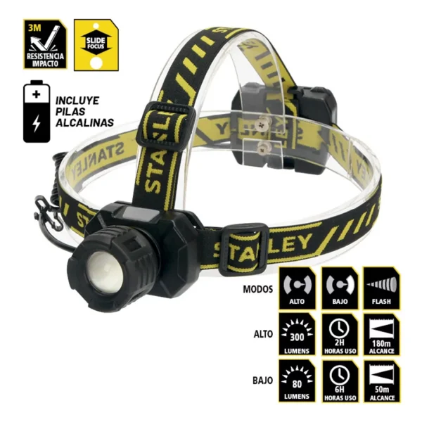 STANLEY linterna DE CABEZA 300 lm angular zoom ajustable MODO FLASH