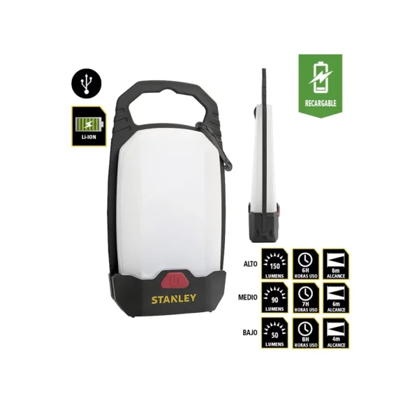 STANLEY linterna DE CAMPING 150 lm mosquetón aluminio RECARGABLE USB