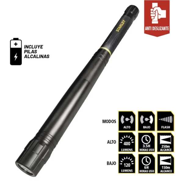 STANLEY linterna DE MANO LED ANTIDESLIZANTE 400 lm resist/agua anti-impacto MODO FLASH