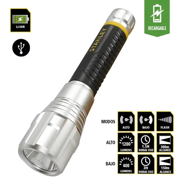 STANLEY linterna DE MANO LED RECARGABLE 1200 lm USB antideslizante