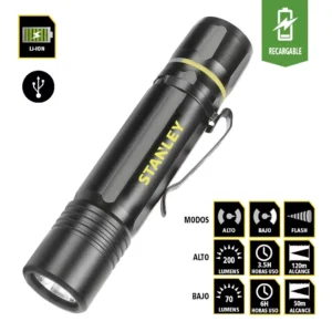STANLEY linterna DE MANO LED RECARGABLE 200 lm USB clip cinturón