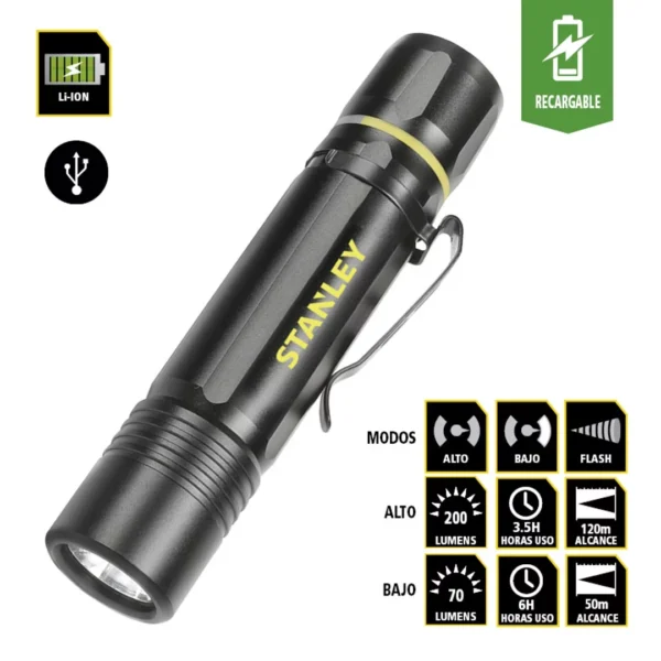 STANLEY linterna DE MANO LED RECARGABLE 200 lm USB clip cinturón