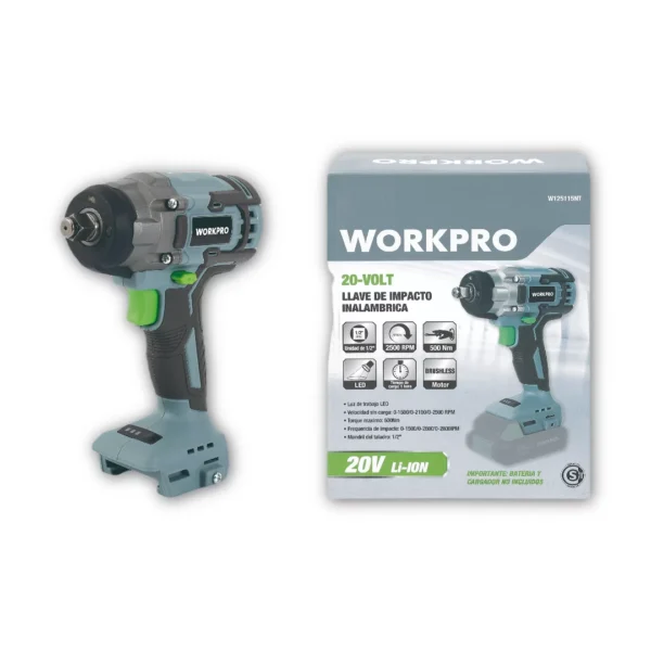 WORKPRO ATORNILLADOR LLAVE DE IMPACTO INALÁMBRICA 20V BRUSHLESS 2500 RPM