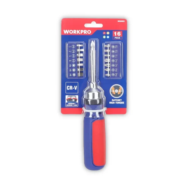 WORKPRO DESTORNILLADOR RATCHET con mango y puntas múltiples abatibles