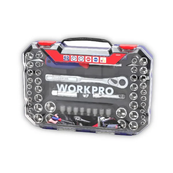 WORKPRO JUEGO TUBOS 63 piezas BOCALLAVES 6 puntas encastre 1/4+3/8