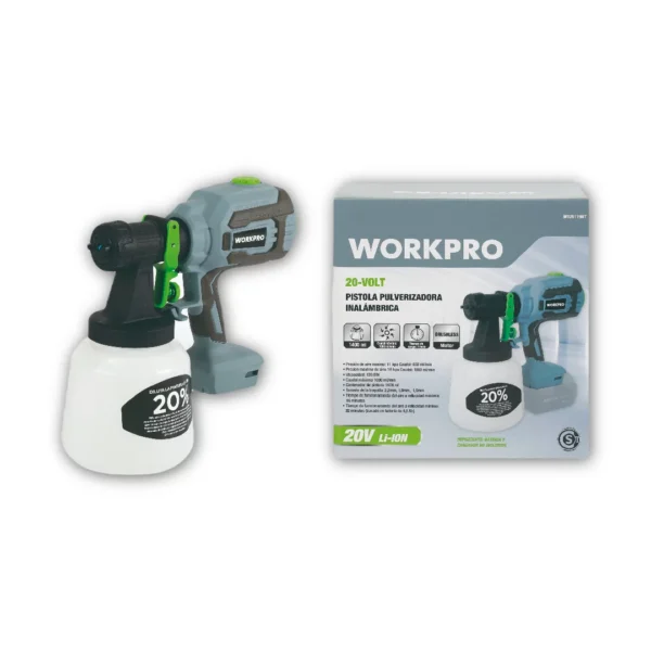 WORKPRO PISTOLA PULVERIZADORA INLÁMBRICA 20V ion litio motor BRUSHLESS 1400 ML