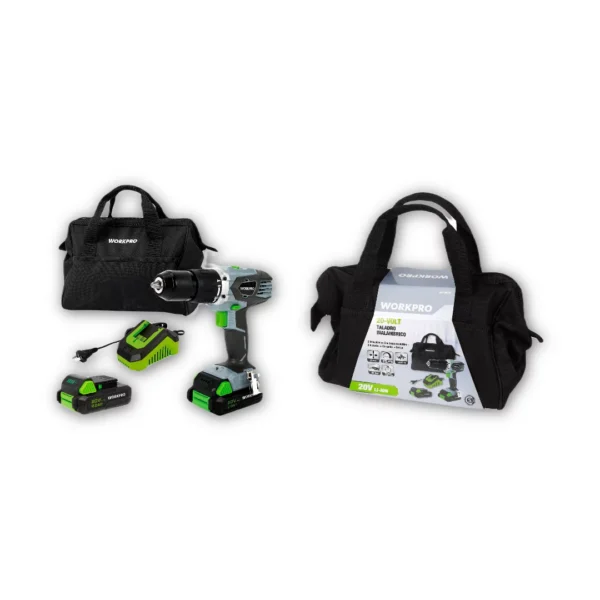 WORKPRO TALADRO INALAMBRICO 20V 2 VEL 60N + 2 BATERÍAS + CARGADOR + BOLSO
