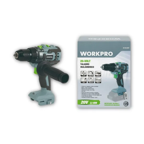 WORKPRO TALADRO INALÁMBRICO 20V ion litio con percutor motor BRUSHLESS 2 VEL